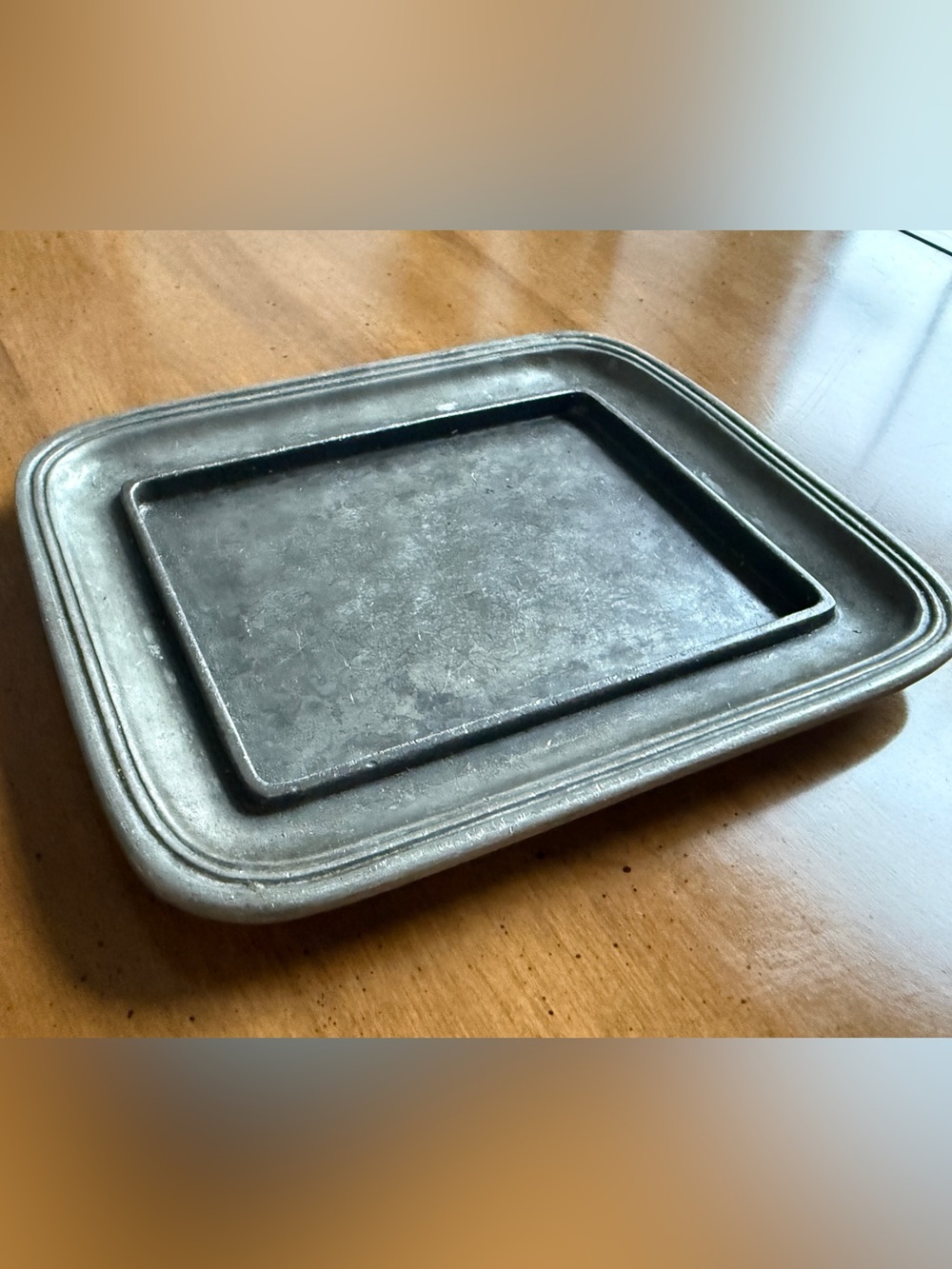 Vintage Dutch Pewter trinket tray, stamped with owl hallmark and 95 7” silver